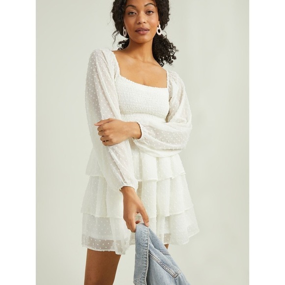 Altar'd State White Mesh Polka Dot Shoulder Dress - Picture 1 of 4
